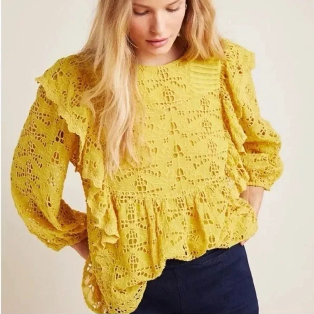 Anthropologie Clementine Blouse Eyelet Ruffle Pullover Puffed Sleeve Top Size 8